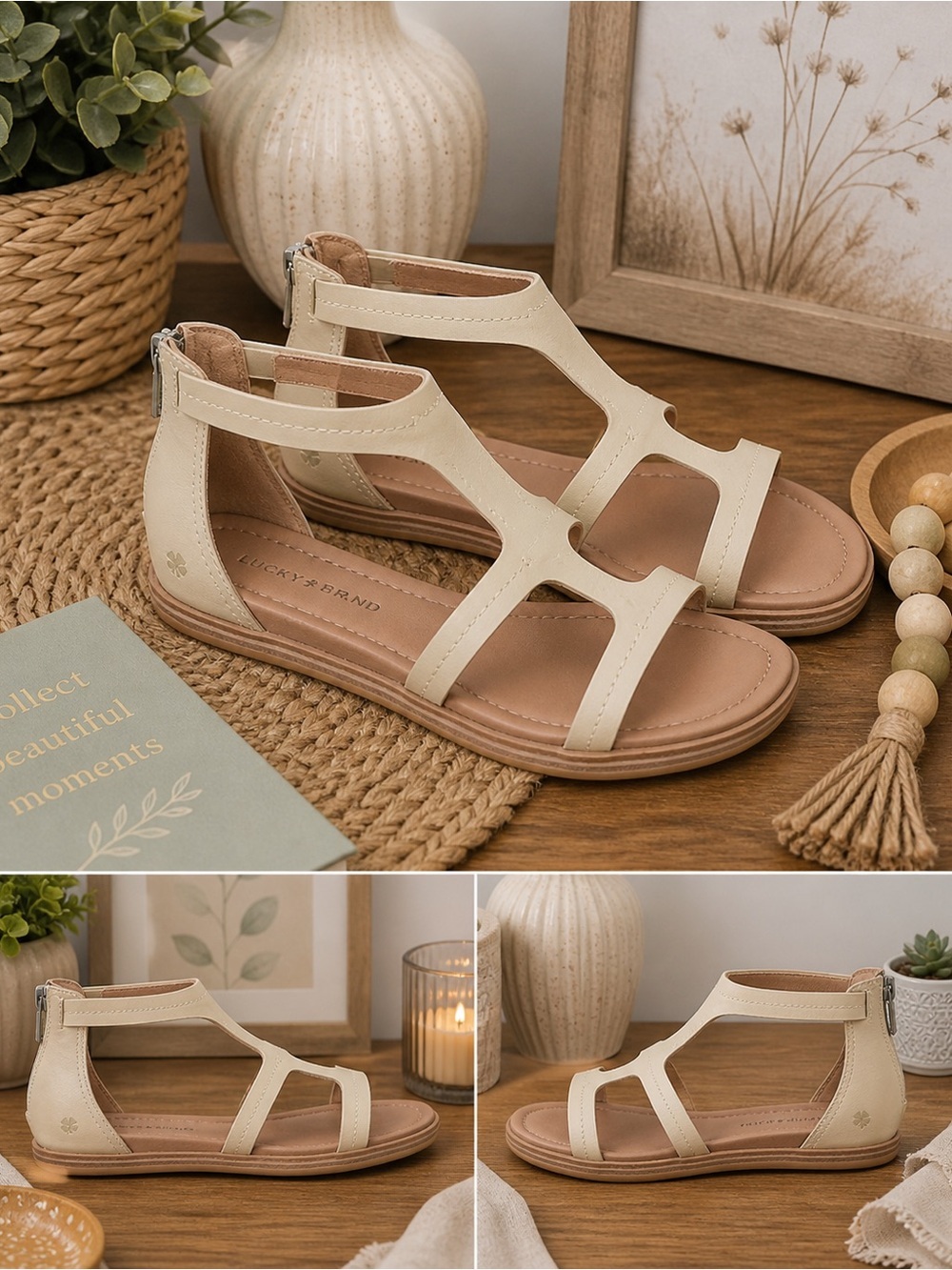 New Lucky Brand Nayda Sandals Women's Size 11 M Buff Tan Neutral Leather Zip